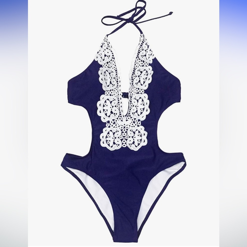CUPSHE Women's One Piece Vintage Lace Deep V Neck Cutout Swimsuit